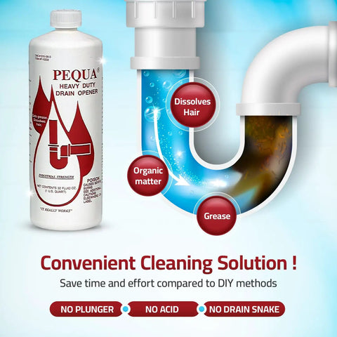 Heavy Duty Drain Opener 32 Oz bottle dissolving hair grease in drain pipe, fast-acting non-acid formula for blockages.