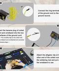 Setup guide for Extra Large Soldering Mat 27.6 Inches By 15.7 Inches With ESD Wrist Strap Grounding Kit showing connection steps.