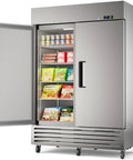 Heavy Duty Commercial Freezer 52 Cubic Feet Capacity Slick Stainless Steel Build with open door displaying food items on shelves.