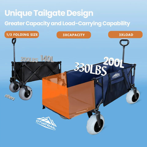All Terrain Beach Wagon No Assembly Needed With 9x4 PU Wheels 200L Capacity 330lb Heavy Duty Collapsible Utility Cart With Extended Tailgate For Beach Camping And Outdoor Adventures shown fully expanded with tailgate.