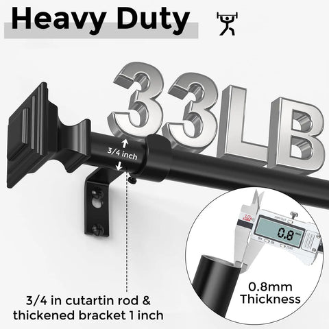 Heavy Duty Black Matte Curtain Rods Three Quarters Inch Adjustable 36 To 88 Inches Square Finials Durable Steel Drapery Rods