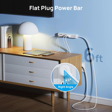 Ultra Thin Surge Protector Power Strip With USB A And USB C Flat Plug 6ft Cord Four AC Outlets 1440J Surge Protection