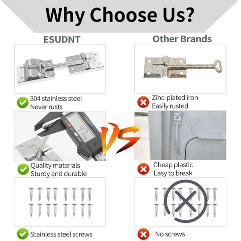 Comparison highlighting Heavy Duty Stainless Steel RV Door Holder Latch 4 Inch 2 Pack Screws Included For Trailer Camper Cargo Truck Doors Rustproof 304 Stainless Built To Last Easy Install And Secure Open Doors with alternative brands showing material differences and durability.