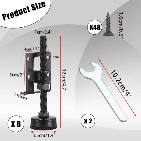 Image of product size dimensions for 8 Pack Heavy Duty Adjustable Feet Levelers For Furniture 4.7 Inch with included screw and wrench