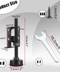 Heavy Duty Four Pack Adjustable Furniture Levelers With Grippy Felt Pads showing dimensions, screws, and wrench for use on cabinets and shelves.