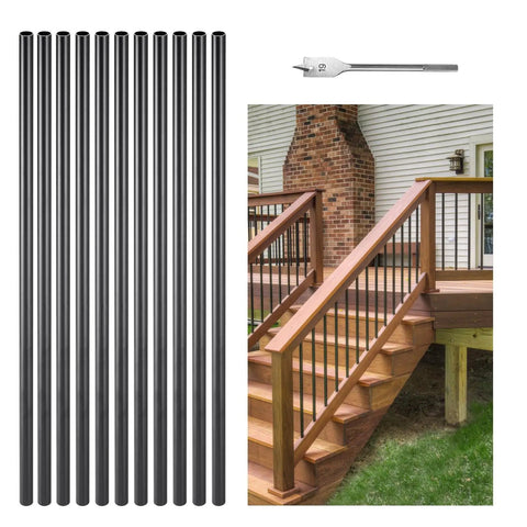 Aluminum Deck Balusters 51 Pack 26 Inch Hollow Round Metal Spindles For Stairs Porch And Patio All Weather Rustproof Black Railing Kit With Three Quarter Inch Posts And Included Drill Bit