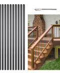 101 Pack 26 Inch Aluminum Deck Balusters For Stairs And Porch in black with 3/4 inch round hollow spindles shown on wooden railing