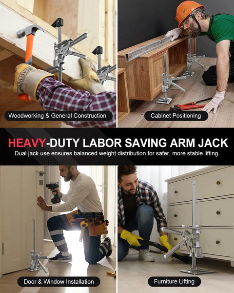 Two Pack Heavy Duty Labor Saving Arm Jack Lifts Up To Ten Inches in use for furniture, doors, cabinets, and drywall installation