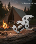 Compact Metal Multitool Card With Screwdriver And Bottle Opener For Wallet Or Bag, shown near campfire with eyeglasses