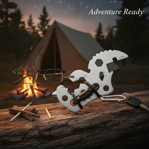 Compact Metal Multitool Card With Screwdriver And Bottle Opener For Wallet Or Bag, shown near campfire with eyeglasses