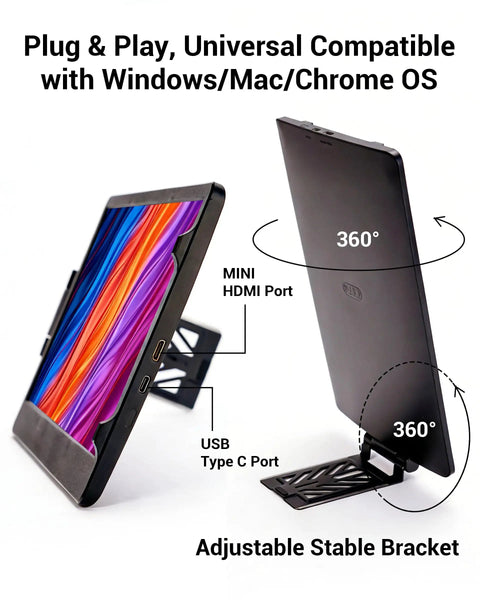 11.6 Inch HD Laptop Screen Extender with 360 Degree Swivel shown with USB and HDMI ports, adjustable stand, side view.