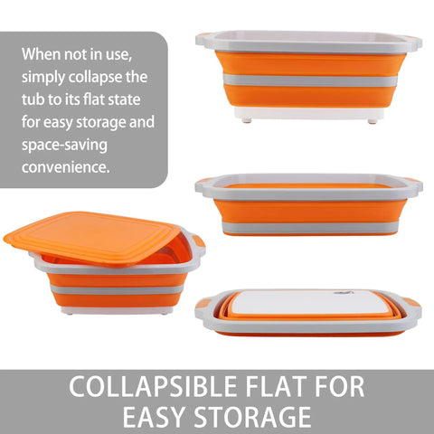 Large Collapsible BBQ Prep Tub With Lid 4.22 Gal 16L foldable sink showing side and lid views, orange and gray color.