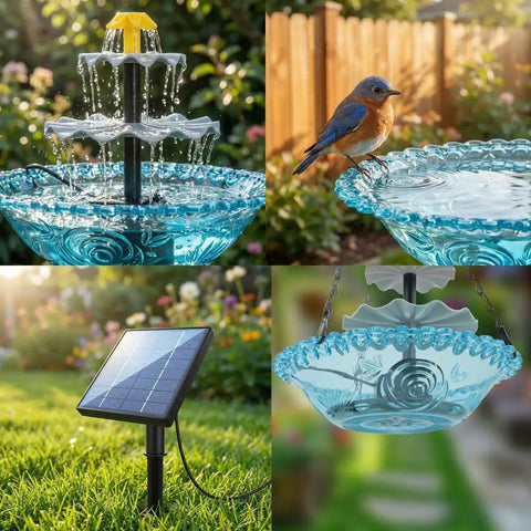 Solar Cascade Hanging Bird Bath Fountain With 3 Layer Design For Outdoor Gardens And Ponds 6 Nozzles And 10 Ft Cord Solar Powered Pump Attracts Hummingbirds No Wiring Needed