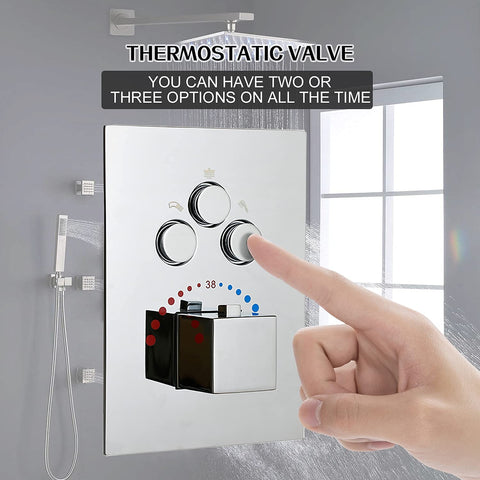 Hand adjusting Three Function Brass Shower Diverter With Thermostatic Valve And Pressure Balanced Mixer With Trim In Polished Chrome