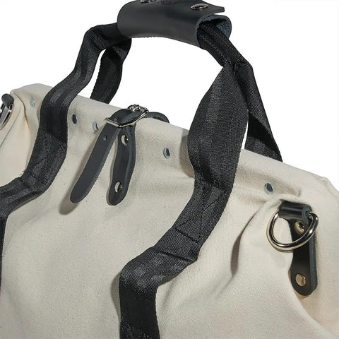 Close-up of handle and straps on Canvas Tool Bag With Leather Bottom And Wide Opening For Easy Access, 18 Inch, 11 Pockets.