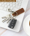 Dope Genuine Leather Keychain For Cars And Everyday Keys, Universal Key Fob Holder With Heavy Duty Carabiner Clip, Legit Anti Loss Key Organizer, Slick Real Leather Gear For Men And Women with keys on a laptop.
