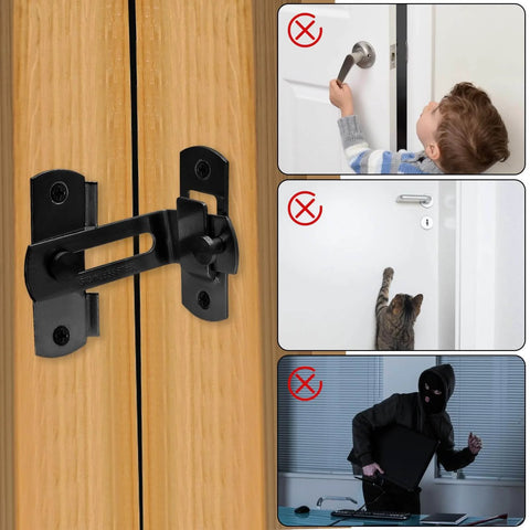 2 Pack Black 90 Degree Stainless Steel Barn Door Latch With End Lock Hook installed on wooden door for privacy and security