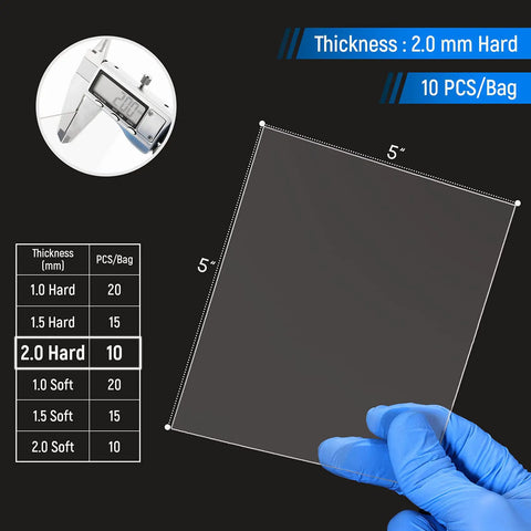 Bubble-Free 2.0mm Thermoforming Sheets For Dental Lab Splints, 10Pcs, Square 5x5 Inch Vacuum Forming Material displayed with caliper