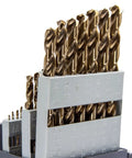 29 Piece M42 Cobalt Screw Machine Drill Bit Set Stub Tip 1/16 To 1/2 Inch Range With 64ths For Stainless Steel And Hard Metals Built For Tough Jobs In The Shop Or On The Jobsite ASTCO Series in open metal case.