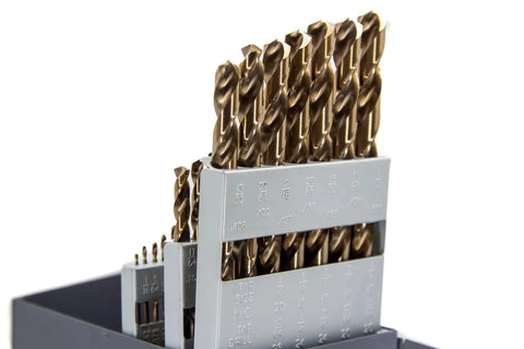 29 Piece M42 Cobalt Screw Machine Drill Bit Set Stub Tip 1/16 To 1/2 Inch Range With 64ths For Stainless Steel And Hard Metals Built For Tough Jobs In The Shop Or On The Jobsite ASTCO Series in open metal case.