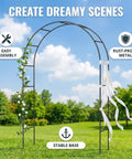 Rust-Resistant Galvanized Metal Garden Arch Trellis, 4.6 Ft Wide By 7.6 Ft Tall, with ribbons and plants in a garden setting
