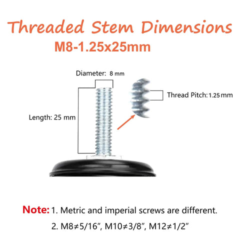 No Roll Guaranteed Dual Lock Caster Wheels 2 Inch Heavy Duty Swivel Casters Set Of 4 M8 Threaded Stem Mount dimensions diagram.