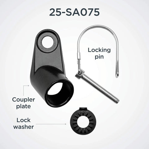 Universal Angled Bike Trailer Coupler Attachment For A Wide Range Of Bicycle Sizes, Models And Styles, Easy On And Off Hookup For Cargo Or Kids Trailers, Black, showing coupler plate, locking pin, and lock washer.