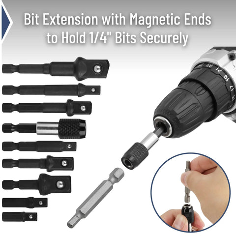 Impact Socket Adapter Set Nine Piece Magnetic Bit Holder With One Quarter Inch Three Eighths Inch And One Half Inch Hex Shanks For Drill And Impact Driver Pro Grade Heavy Duty Chrome Vanadium Steel shown with magnetic ends in drill bit.