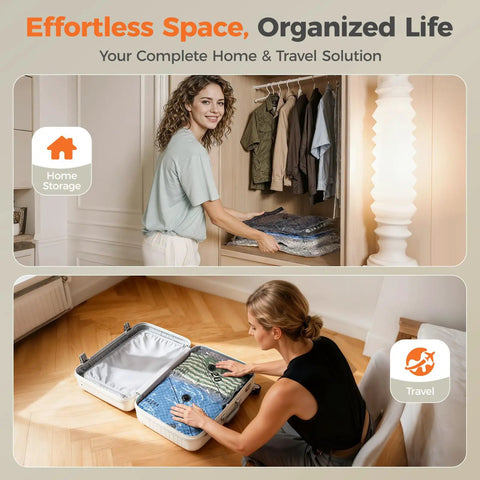 Two women using Cordless Travel Vacuum Seal Bags Set With Rechargeable Wireless Pump 18 Pack in 3 Sizes for clothing storage