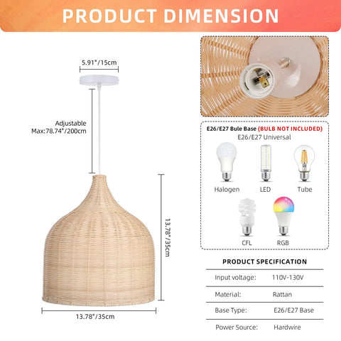 Natural Rattan Woven Pendant Light 13.78 inch handmade ceiling fixture dimensions and bulb compatibility details