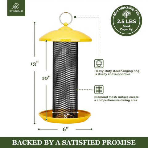 Squirrel Proof Metal Mesh Finch Feeder For Outdoors Hanging Nyjer Seed Tube Bird Feeder 2.5 Lb Large Capacity Rust Resistant Powder Coated Yellow Finish