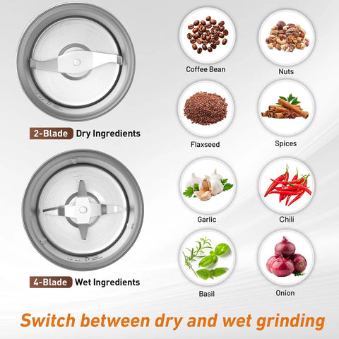 Electric Coffee And Spice Grinder With Dual Stainless Steel Blades And Removable Bowls Pulse Control And Clear Double Lid