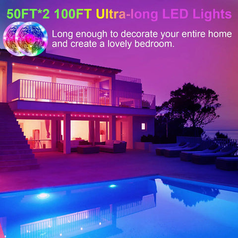 Smart WiFi LED Strip Lights For Bedroom 100ft RGB Color Changing Rope Lights illuminating outdoor house with pink glow at sunset