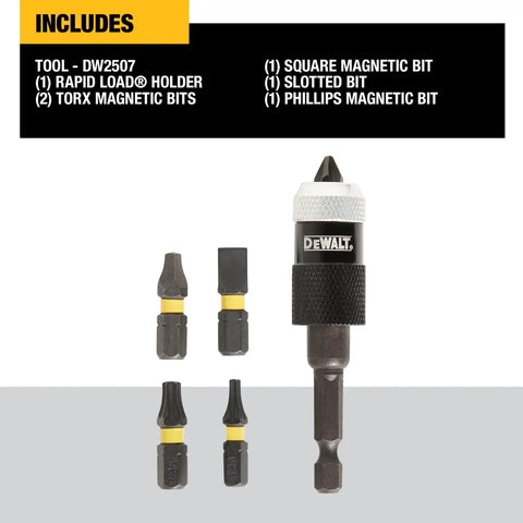 Image of Compact Rapid Load Six Piece Bit Set for Quick Change Accepts Any Quarter Inch Hex Shank Accessory and Screwdriver Tips.