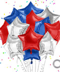 Red White And Blue Mylar Balloons Set For 4th Of July Patriotic Arch Kit displayed with star shapes, ideal for celebrations.