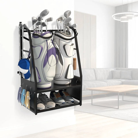 Two Bag Golf Bag Organizer Wall Mount Or Freestanding With Four Club Racks Ten Hooks And Storage Shelf Adjustable Feet