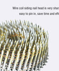 Close-up of Built Tough Pro Grade Wire Coil Siding Nails 2-1/4 X 0.092 Ring Shank 15 Degree Full Round Head 3600 Count Hot Dipped Galvanized