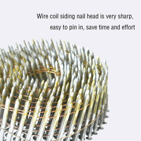 Close-up of Built Tough Pro Grade Wire Coil Siding Nails 2-1/4 X 0.092 Ring Shank 15 Degree Full Round Head 3600 Count Hot Dipped Galvanized