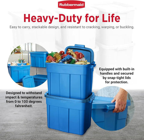 Heavy Duty Stackable Storage Bins 18 Gallon Plastic Totes With Lids And Handles Heritage Blue 10 Pack shown with packed items.