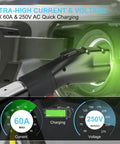 Tesla To J1772 Charging Adapter Connector, Max 60 Amp 250 Volt Electric Vehicle Converter charging with current and voltage display.