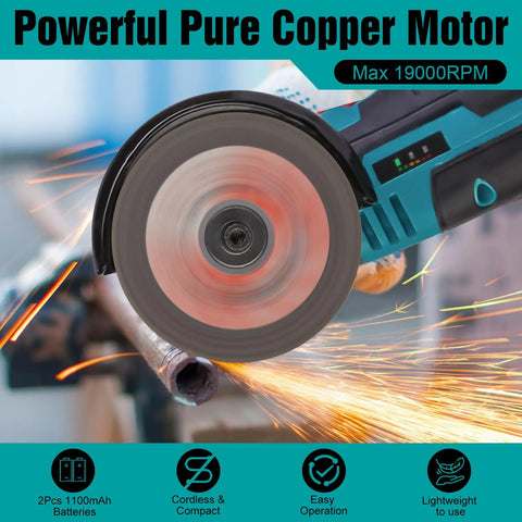 Cordless 3 Inch Mini Angle Grinder Kit With 2 Batteries And 7 Cutting Discs, 19000 RPM, cutting metal pipe with sparks