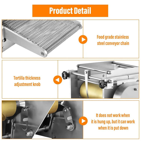 Qiokoith Automatic Electric Tortilla Maker Machine With Non Stick Surface And Adjustable Thickness Settings For Fluffy Homemade Flour And Corn Tortillas Easy One Touch Operation Kitchen Appliance showing stainless steel conveyor chain and thickness adjustment knob.