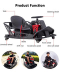 36V Electric Drift Kart For Adults With 12 MPH Top Speed, 40 Min Run Time, and 360 Degree Steering showcasing components.