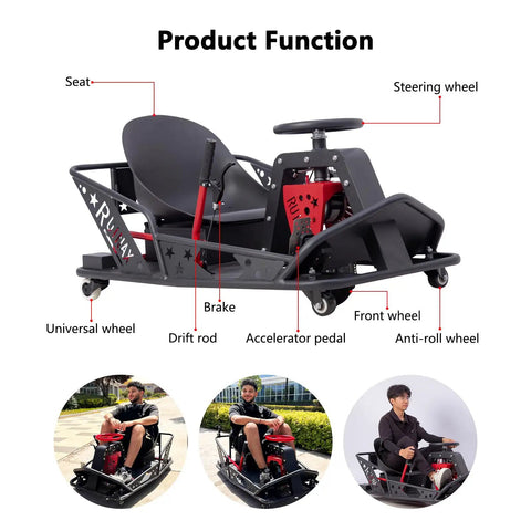 36V Electric Drift Kart For Adults With 12 MPH Top Speed, 40 Min Run Time, and 360 Degree Steering showcasing components.