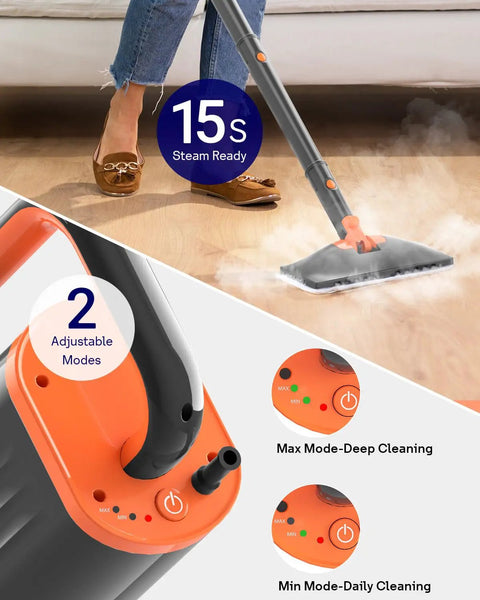 Slick 20 In 1 Steam Mop Cleaner With Detachable Handheld Steamer And Rapid Heat Up Tech Heavy Duty Grime Slayer Multi Surface Cleaning Rig For Tiles Carpet And Grout Grey in use, adjustable modes and steam ready indicator.