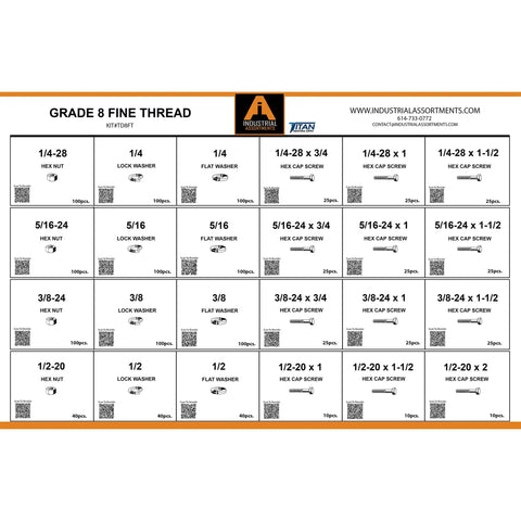 Grade 8 fine thread fasteners chart with assorted hex nuts, washers, and cap screws in a detailed layout.