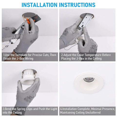 Installation of TORCHSTAR 6-Pack 5CCT 3 Inch LED Recessed Lighting, Anti-Glare, CRI90 with wiring and ceiling clips.