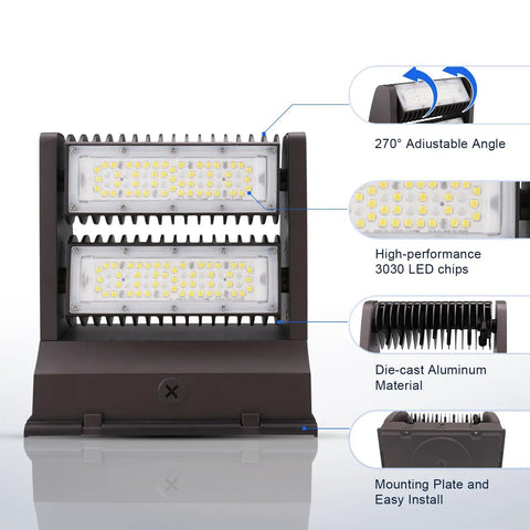 Rotatable 80W LED Wall Pack Light With Adjustable Head 5000K 10800LM Hella Bright Outdoor Security Lighting IP65 Waterproof For Warehouses Garages Workshops UL Listed showing 270° adjustable angle and LED chips