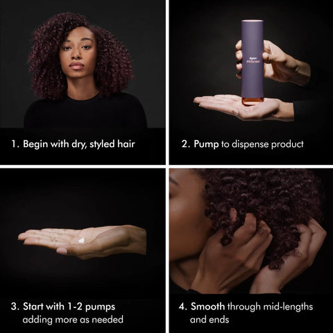 Steps showing application of Chitosan Post Style Hair Serum for all hair types with all day hold smooth shine frizz free finish.
