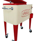 Creamfish 60-Quart Vintage Style Wheeled Cooler with split top lids, cream and red, with Coca-Cola branding, on red legs